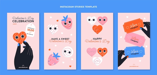 Vettore gratuito raccolta di storie di instagram di san valentino piatto