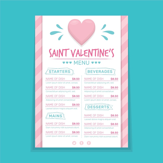 Modello di menu piatto di san valentino