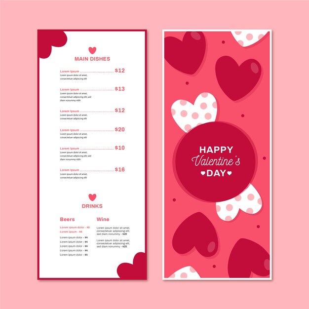 Modello di menu piatto di san valentino