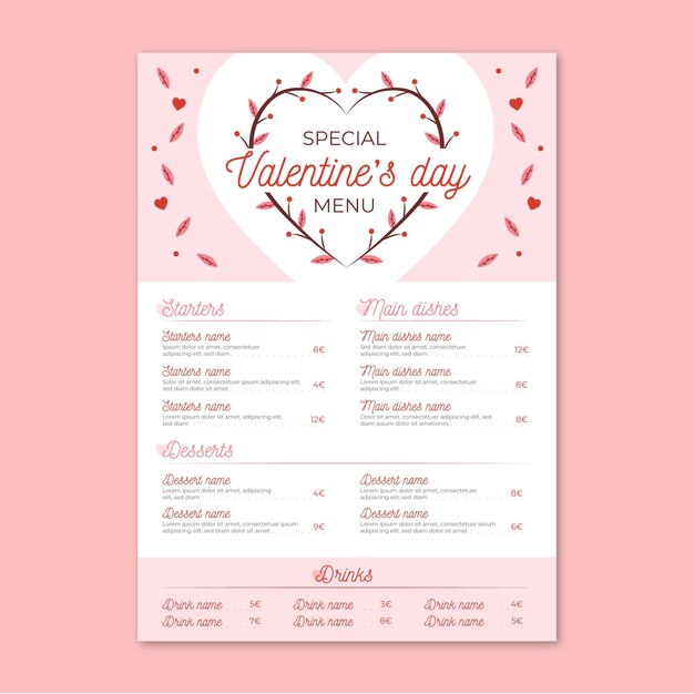 Modello di menu piatto di san valentino