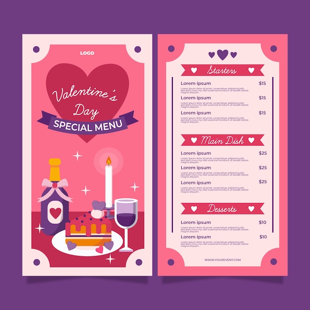 Плоский шаблон меню ресторана на день святого валентина с иллюстрациями