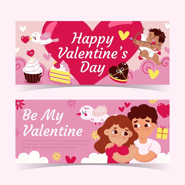 Flat valentine's day sale horizontal banners set