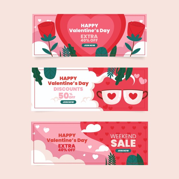 Flat valentine's day sale horizontal banners set