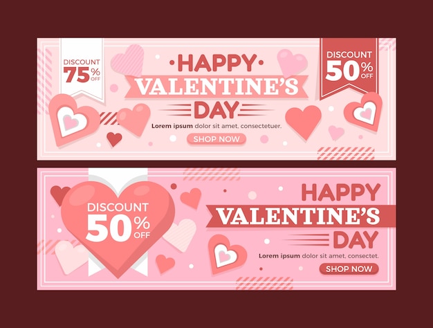 Vettore gratuito set di banner orizzontali di vendita piatta di san valentino