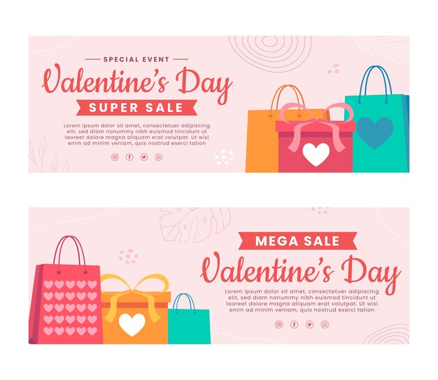 Flat valentine's day sale horizontal banners set