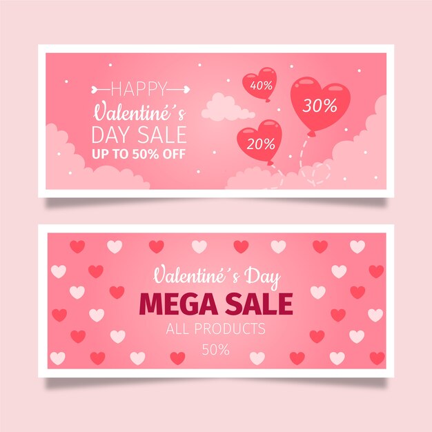 Flat valentine's day sale horizontal banners set