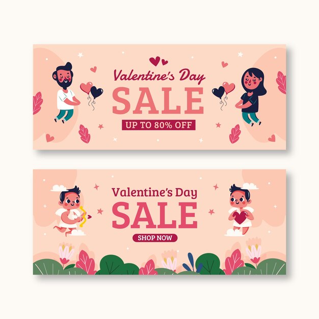 Flat valentine's day sale horizontal banners set