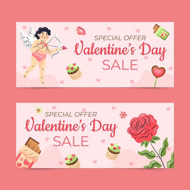 Flat valentine's day sale horizontal banners set