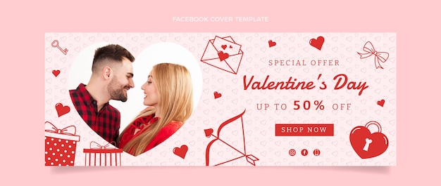 Vettore gratuito modello di copertina per social media piatto di san valentino