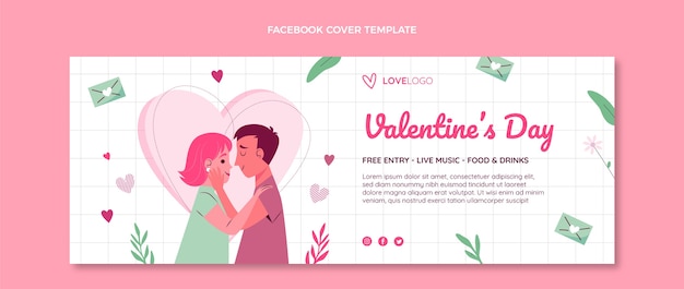 Vettore gratuito modello di copertina per social media piatto di san valentino