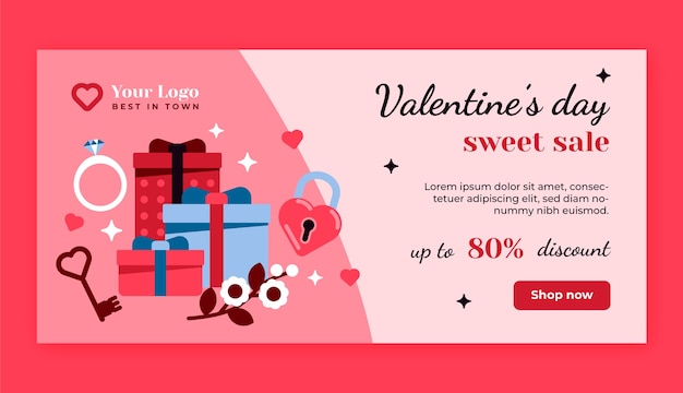 Flat valentines day celebration horizontal sale banner template