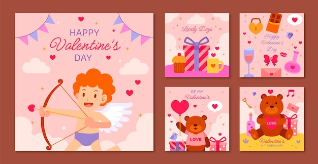 Free vector flat valentines day celebration instagram posts collection