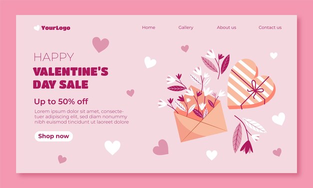 Flat valentines day celebration landing page template