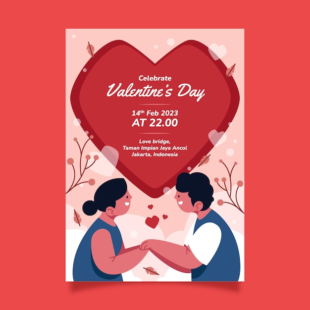 Vettore gratuito modello di poster verticale per la celebrazione del giorno di san valentino piatto