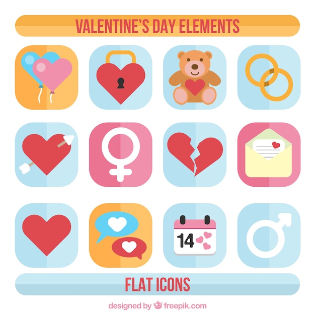 Flat valentines day elements in colored style