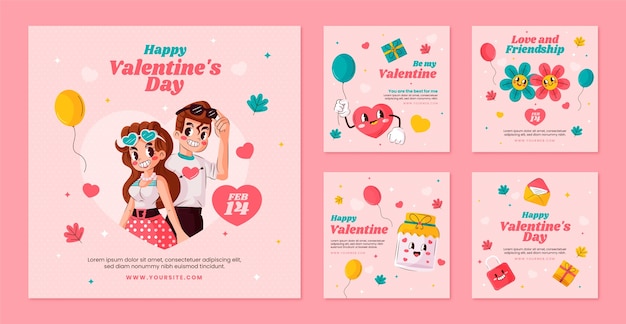 Flat valentines day instagram posts collection