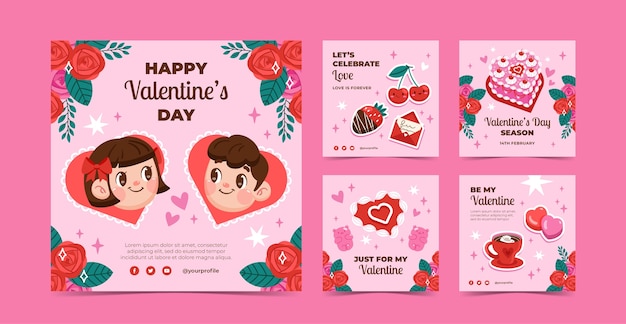 Flat valentines day instagram posts collection