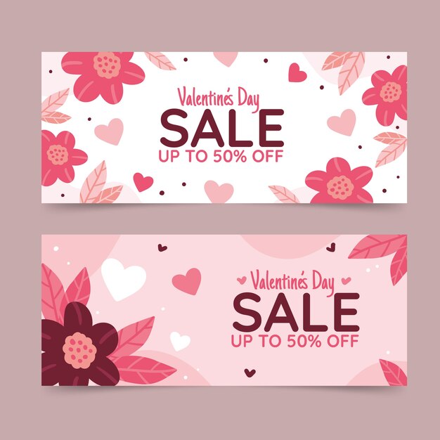 Flat valentines day sale horizontal banners set