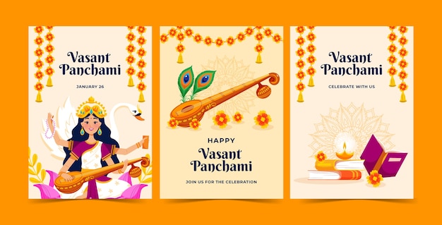 무료 벡터 플랫 vasant panchami 인사말 카드 컬렉션