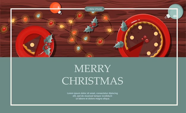 お祝いの装飾と食べ物のバックとフラットベクトルバナーメリークリスマス漫画クリスマステンプレート...