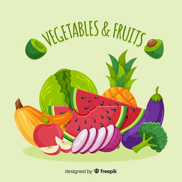 Flat vegetables and fruits background