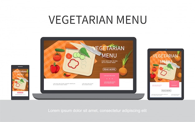 Flat vegetarian menu concept with cucumber tomato onion carrot pepper knife on cutting board adaptive for laptop mobile tablet screens isolated
