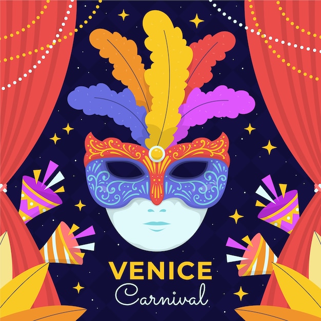 Vettore gratuito illustrazione piatta di carnevale di venezia con maschera