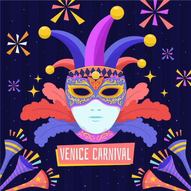Плоская иллюстрация венецианского карнавала с маской