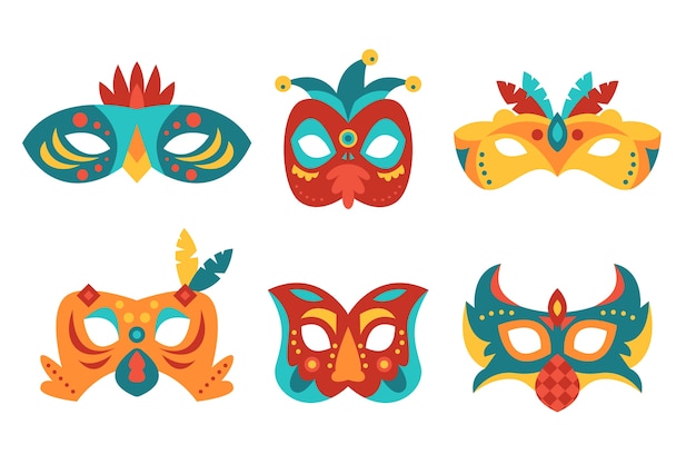 Бесплатное векторное изображение Плоская коллекция карнавальных масок венеции