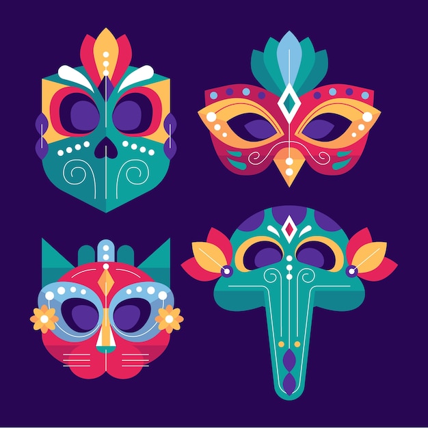 Free vector flat venice carnival masks collection