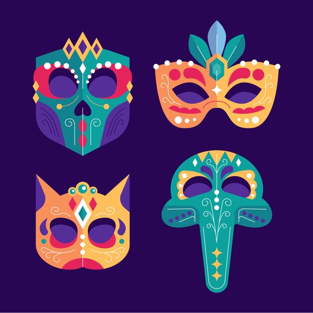 Flat venice carnival masks collection