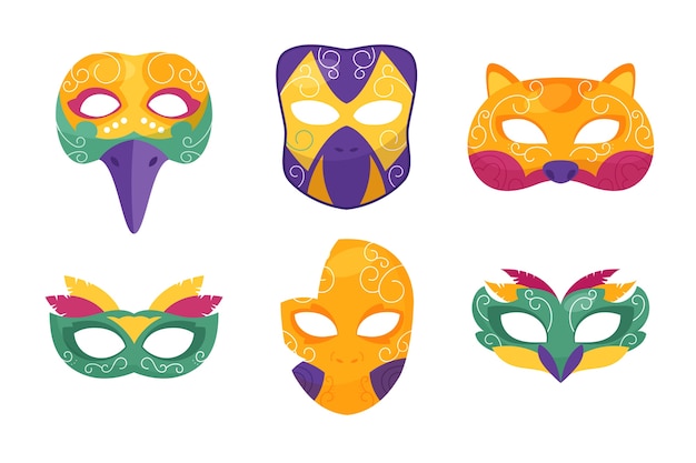 Flat venice carnival masks collection