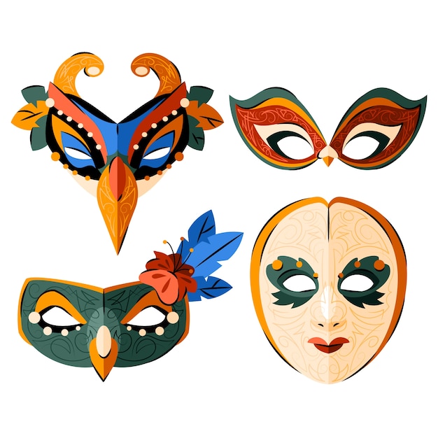 Плоская коллекция карнавальных масок венеции