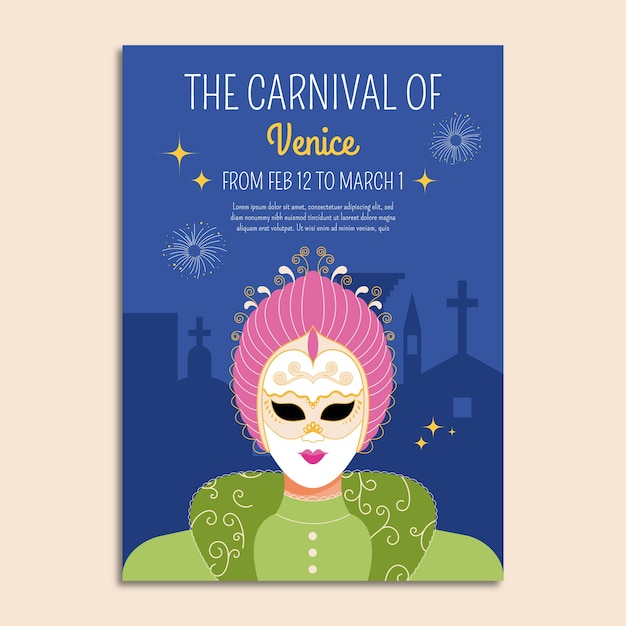 Free vector flat venice carnival vertical poster template