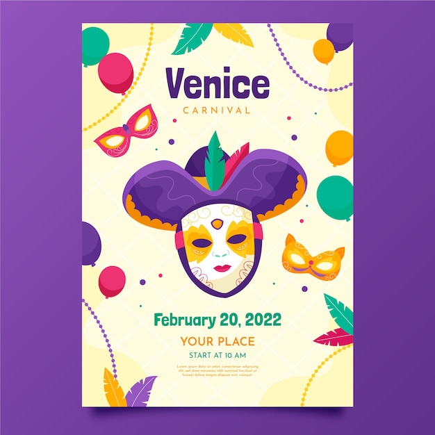 Flat venice carnival vertical poster template