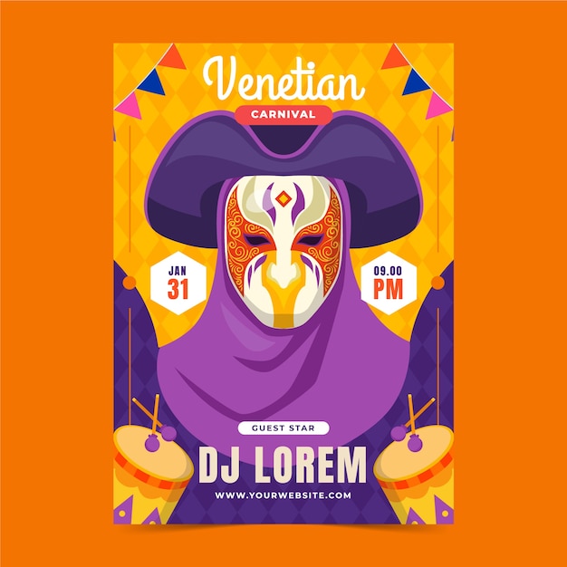 Free vector flat venice carnival vertical poster template