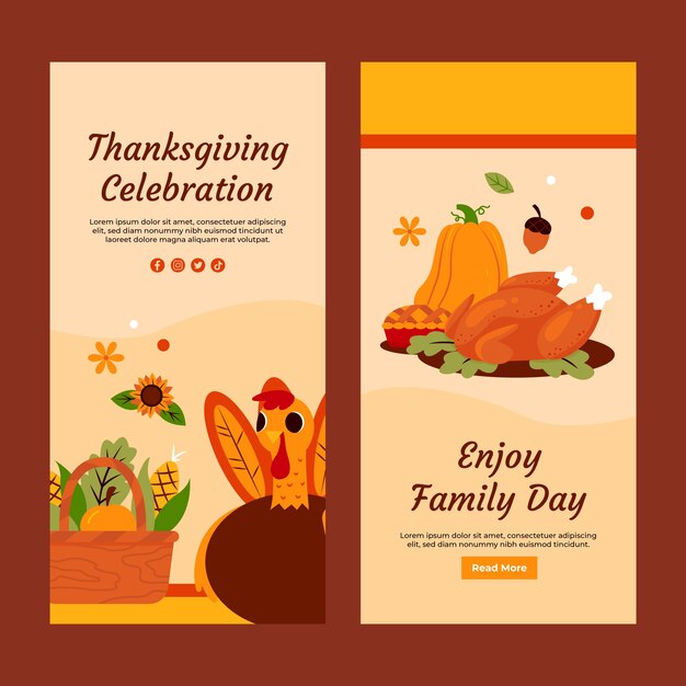 Flat vertical banner template for thanksgiving with turkey and pumpkin