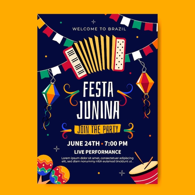 Flat vertical flyer template for brazilian festas juninas celebrations