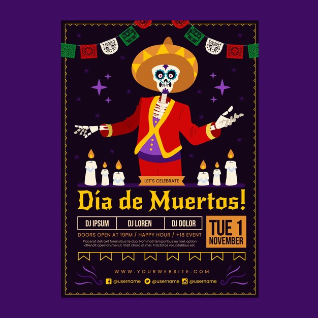 Flat vertical flyer template dia de muertos celebration