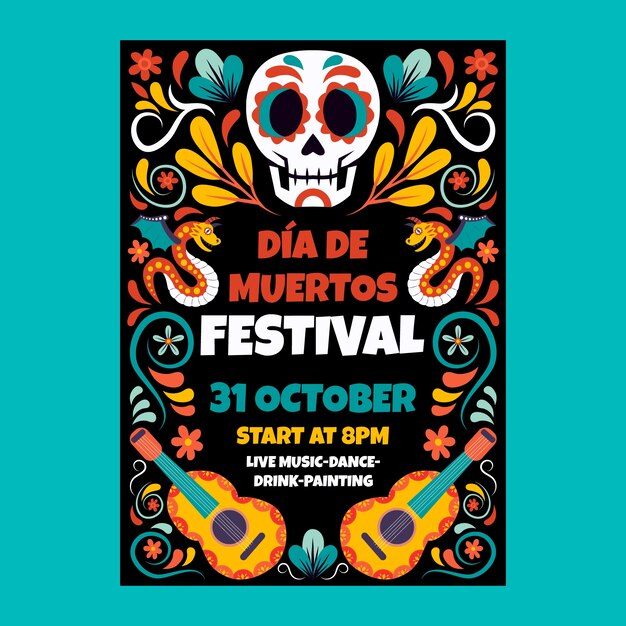 Flat vertical flyer template dia de muertos celebration