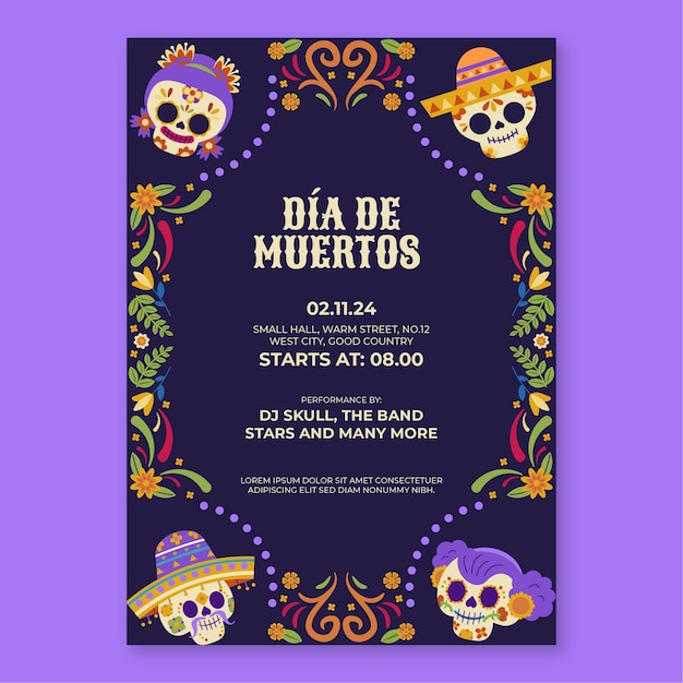 Плоский вертикальный шаблон флаера празднование dia de muertos