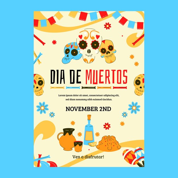 Плоский вертикальный шаблон флаера празднование dia de muertos