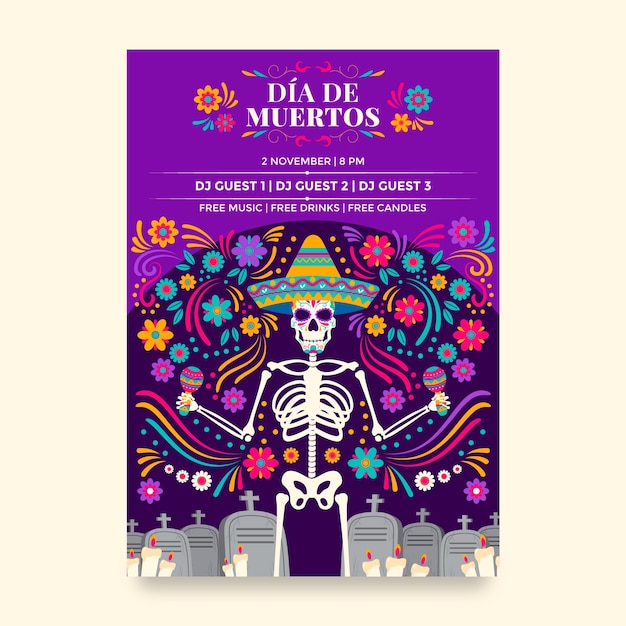 無料ベクター フラット垂直チラシ テンプレート dia de muertos お祝い