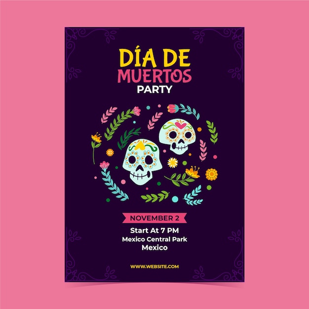 무료 벡터 평면 수직 전단지 템플릿 dia de muertos 축하