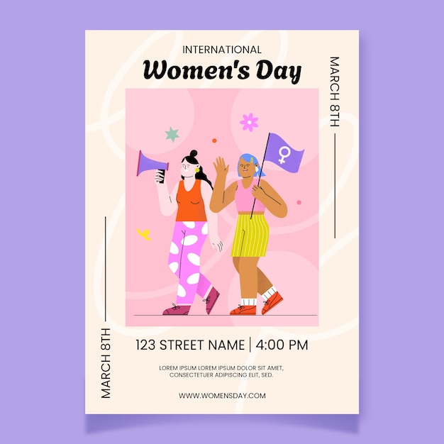 Плоский вертикальный флаер для празднования международного женского дня.