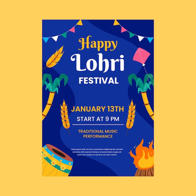 무료 벡터 lohri 축제를위한 평면 수직 전단지 템플릿