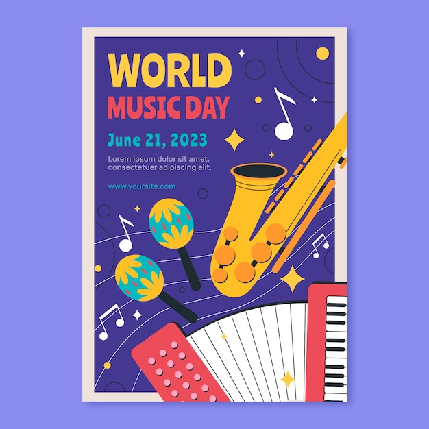 Бесплатное векторное изображение Плоский вертикальный шаблон флаера для празднования всемирного дня музыки