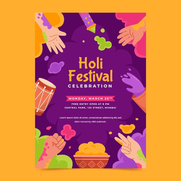 Vettore gratuito template di volantini verticali piatti per la celebrazione del festival di holi.