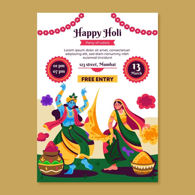 Flat vertical flyer template for holi festival celebration