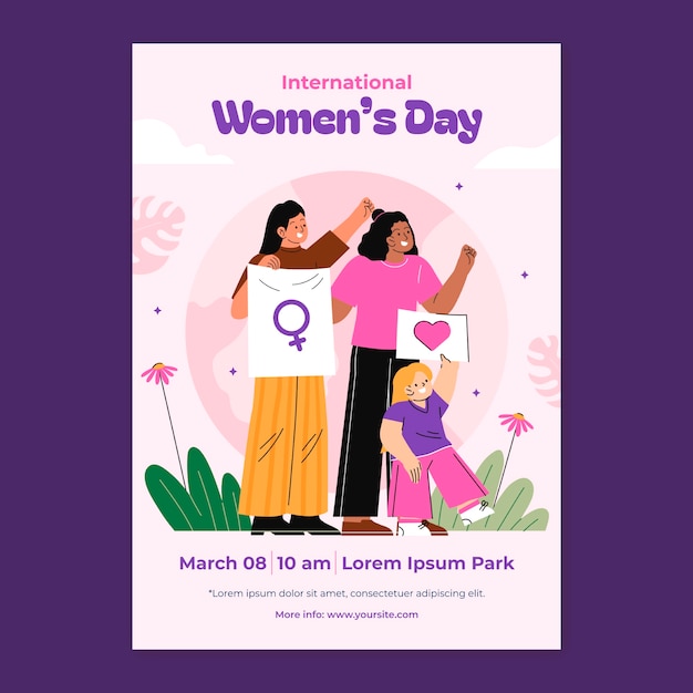 Плоский вертикальный флаер для празднования Международного женского дня.